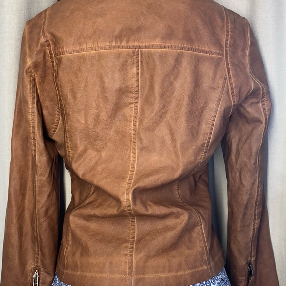 Max Studio Tan Leather Moto Jacket Fitted Silhouette - Picture 14 of 16